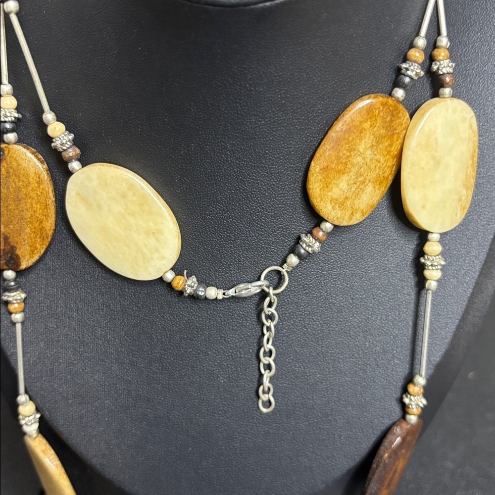 Vintage Brass & Bone Necklace Retro Tribal Bohocore Brown Brass Beaded - Picture 6 of 7